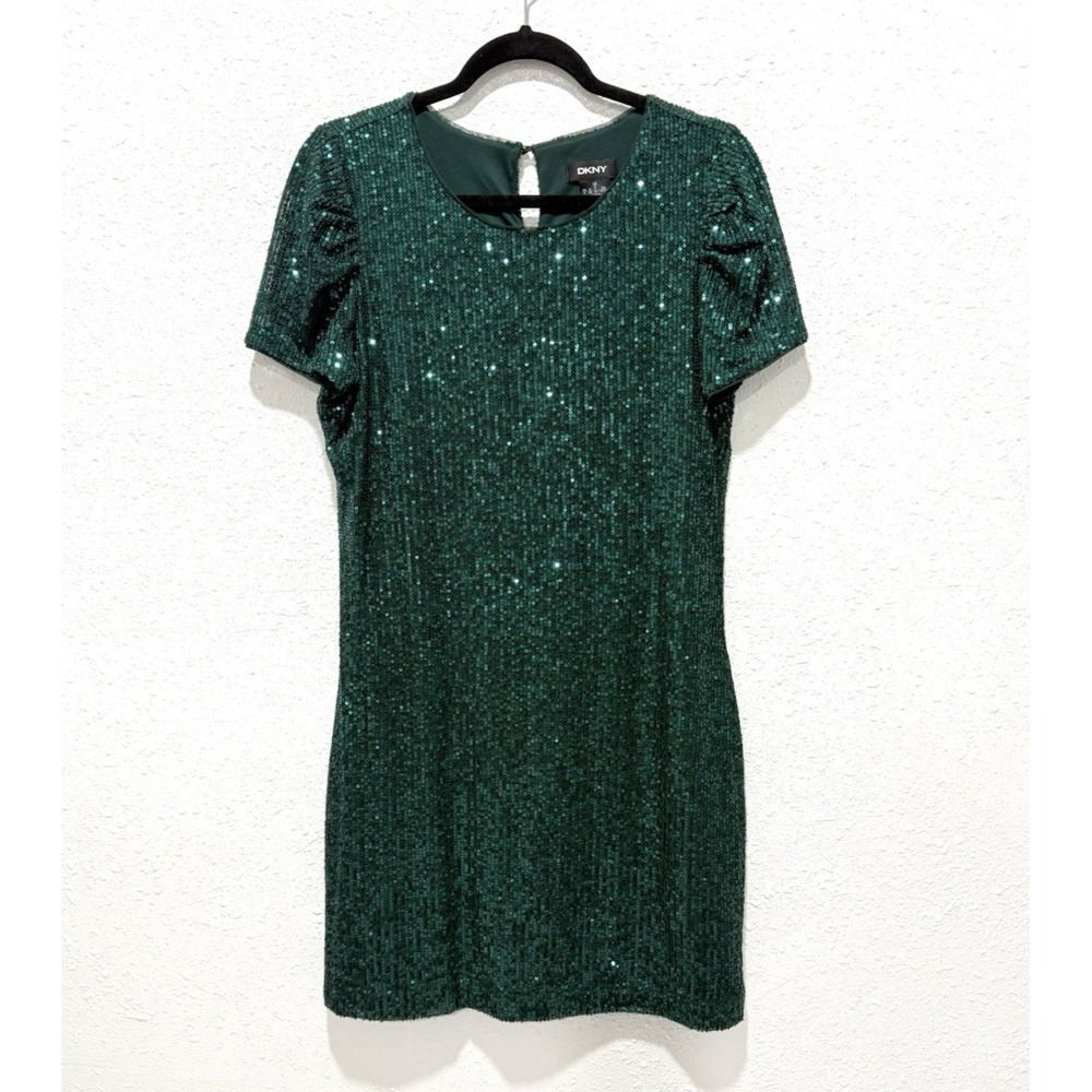 DKNY Stretch Sequin‎ Crew Neck Short Ruched Sleeve Dress Sz 8
